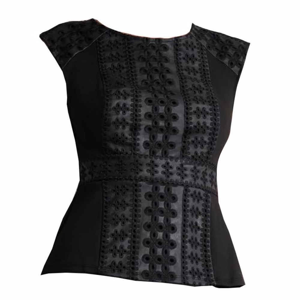 NWT BCBGMaxAzria Black Peplum Embroidered Faux Leather Top, Size XXS